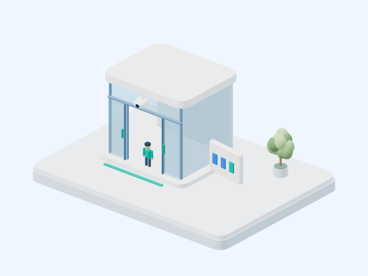 CountIQ counting — a person crosses a camera counting line at an isometric building entrance
