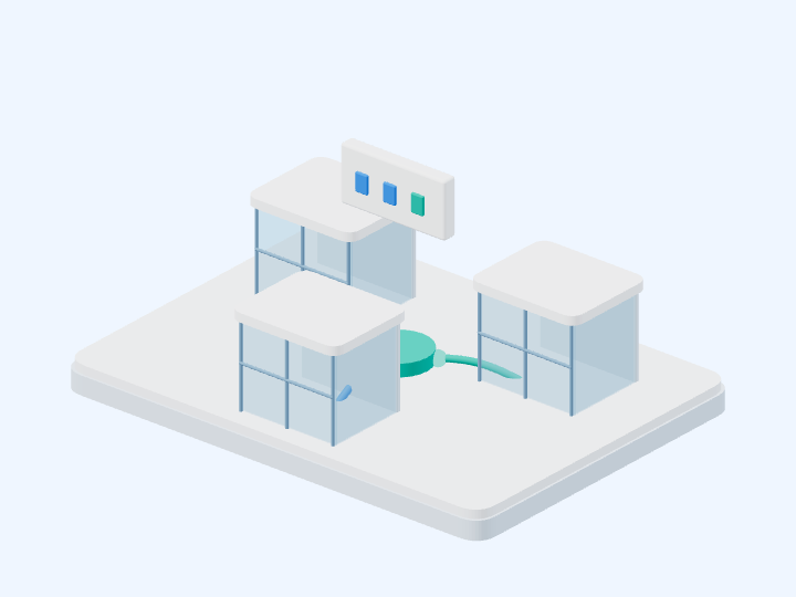 CountIQ connecting — three isometric buildings send count events to one central hub