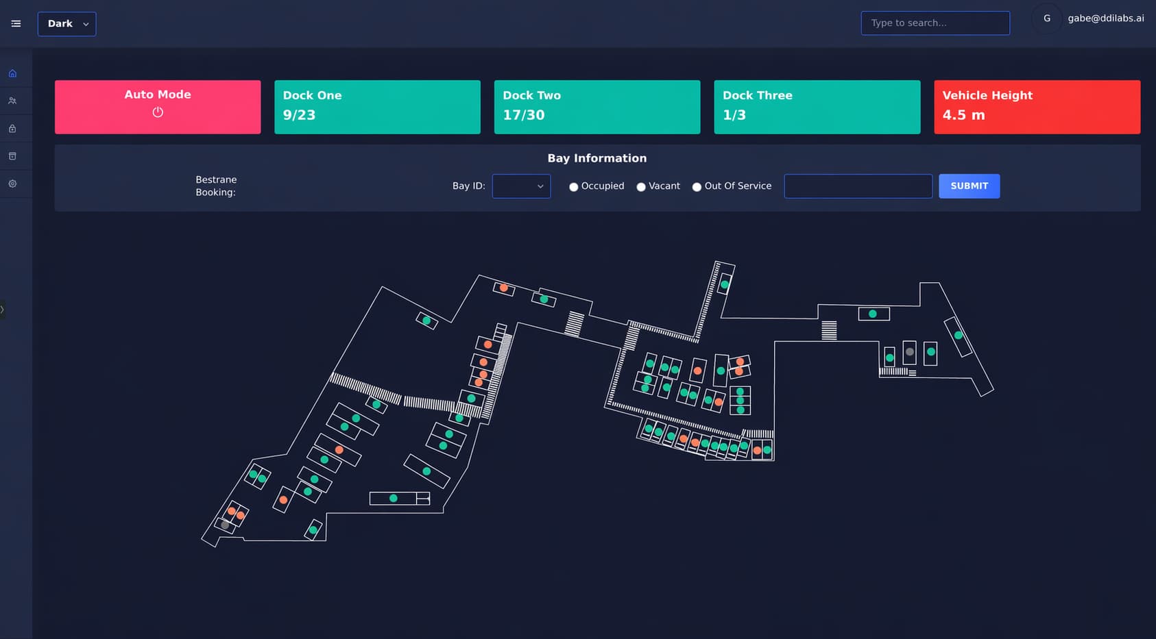 DockSense dashboard running live in Dark mode — dock occupancy counts, vehicle height monitoring, and a real-time bay map of the dock