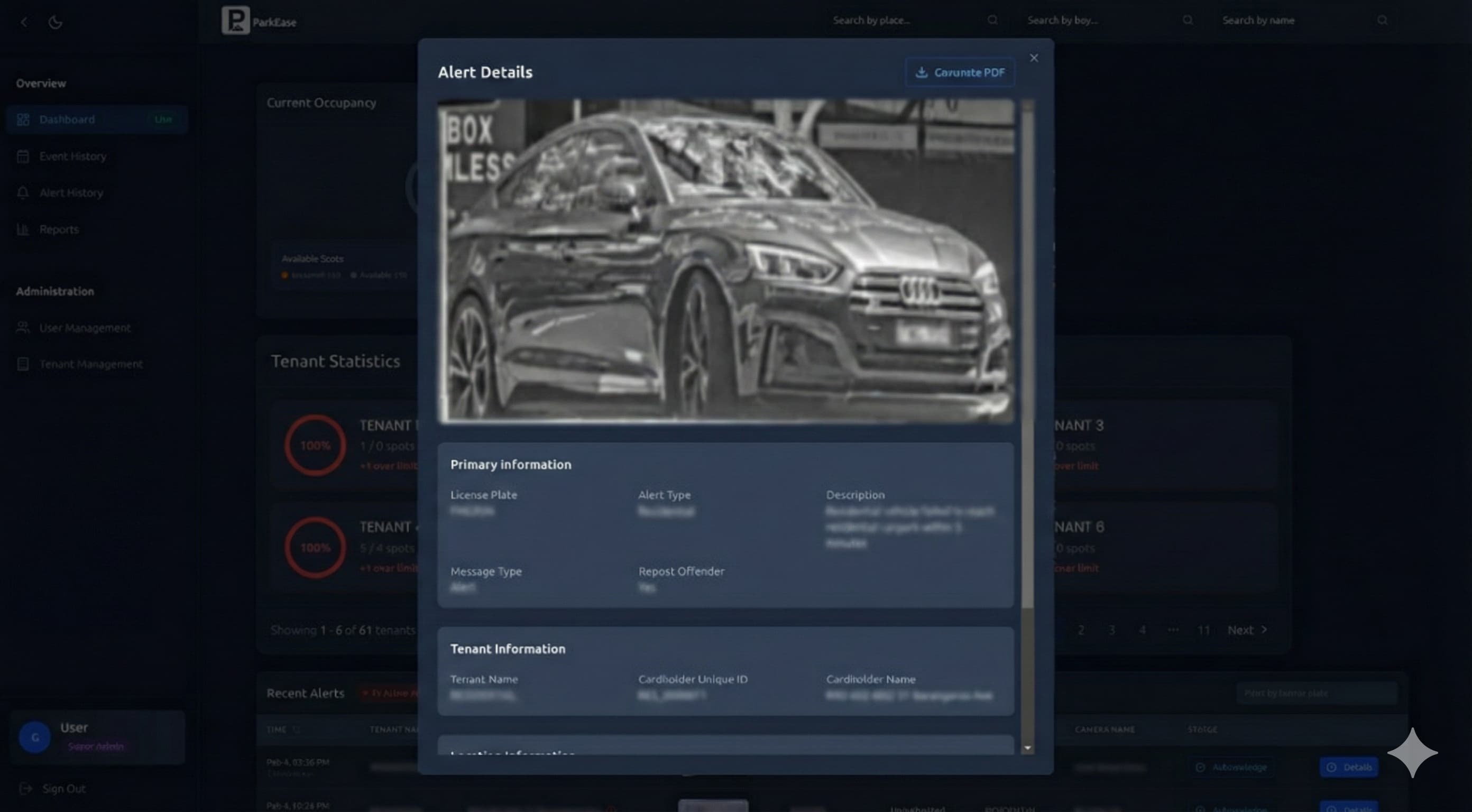 ParkEase alert details — ANPR camera capture with license plate, alert type, tenant information, and repeat offender tracking