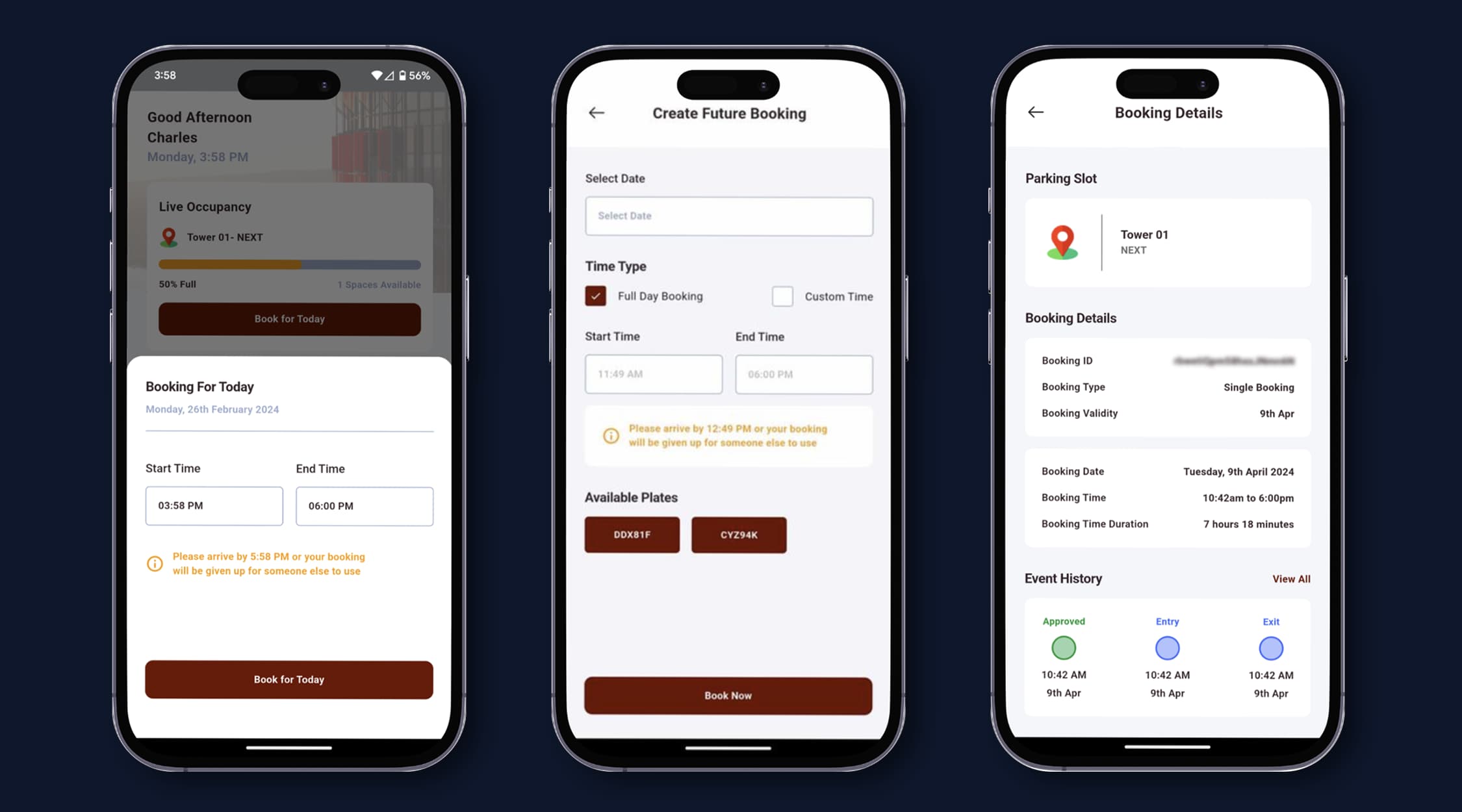 ParkEase smart booking system — mobile app showing live occupancy, future booking creation with time selection and plate selection, and booking details with event history