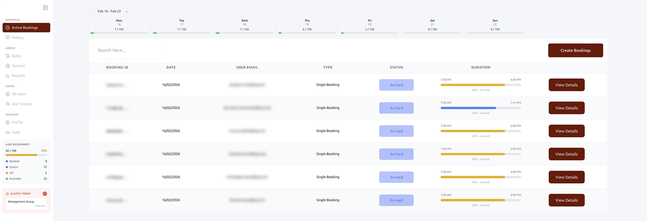 ParkEase Manage module — active bookings dashboard with weekly calendar, live occupancy sidebar, booking status tracking, and duration progress bars