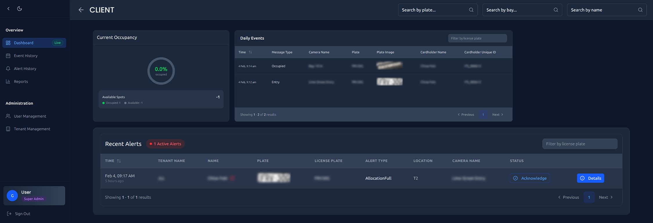 ParkEase Monitor module — live occupancy dashboard with daily events, ANPR plate images, and recent alerts for parking violations