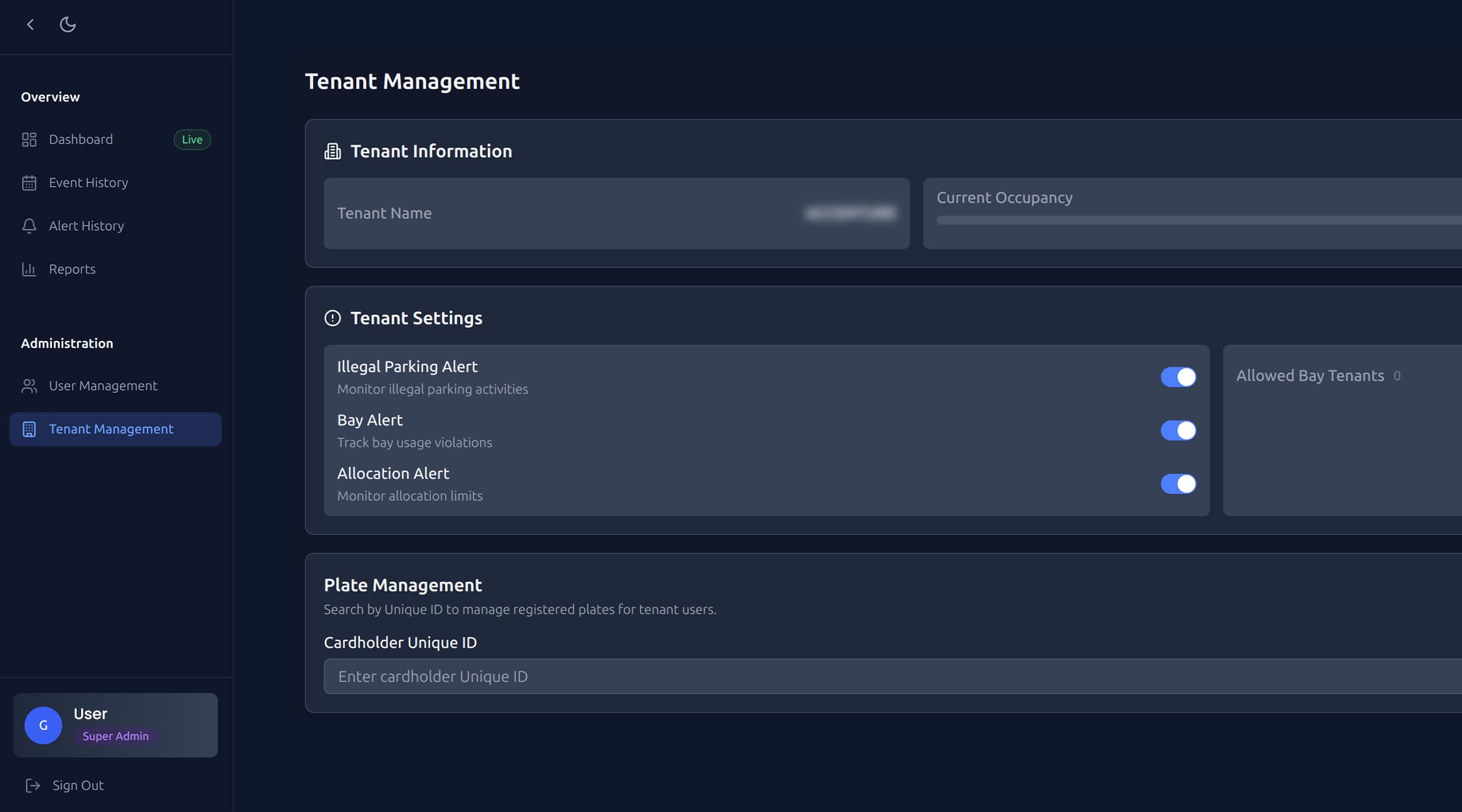 ParkEase multi-tenant management — tenant settings with illegal parking alerts, bay alerts, allocation alerts, plate management, and allowed bay tenants