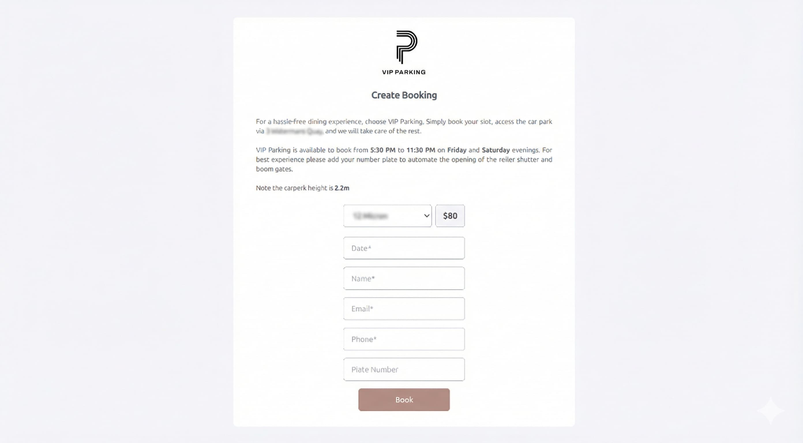 ParkEase integrated payments — VIP parking booking form with Stripe payment, date selection, and automatic boom gate access via number plate