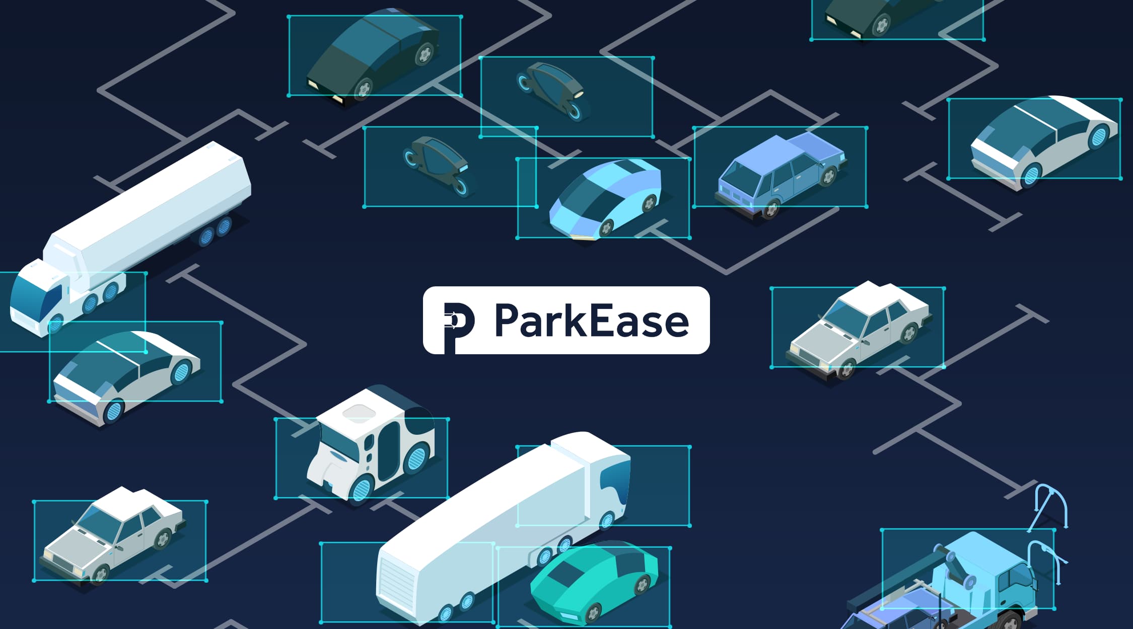 ParkEase AI-powered vehicle detection in a parking lot — automatic number plate recognition with bounding boxes on cars and trucks