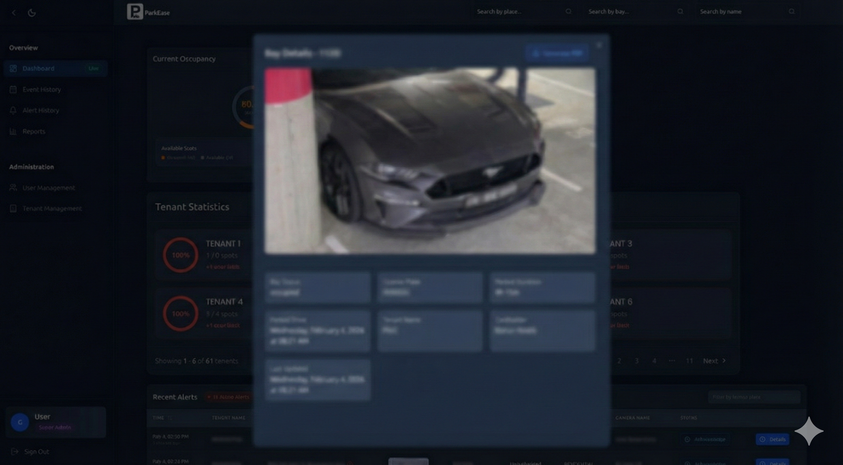 ParkEase real-time monitoring dashboard — live occupancy, tenant statistics, bay details with ANPR camera snapshot, and recent alerts