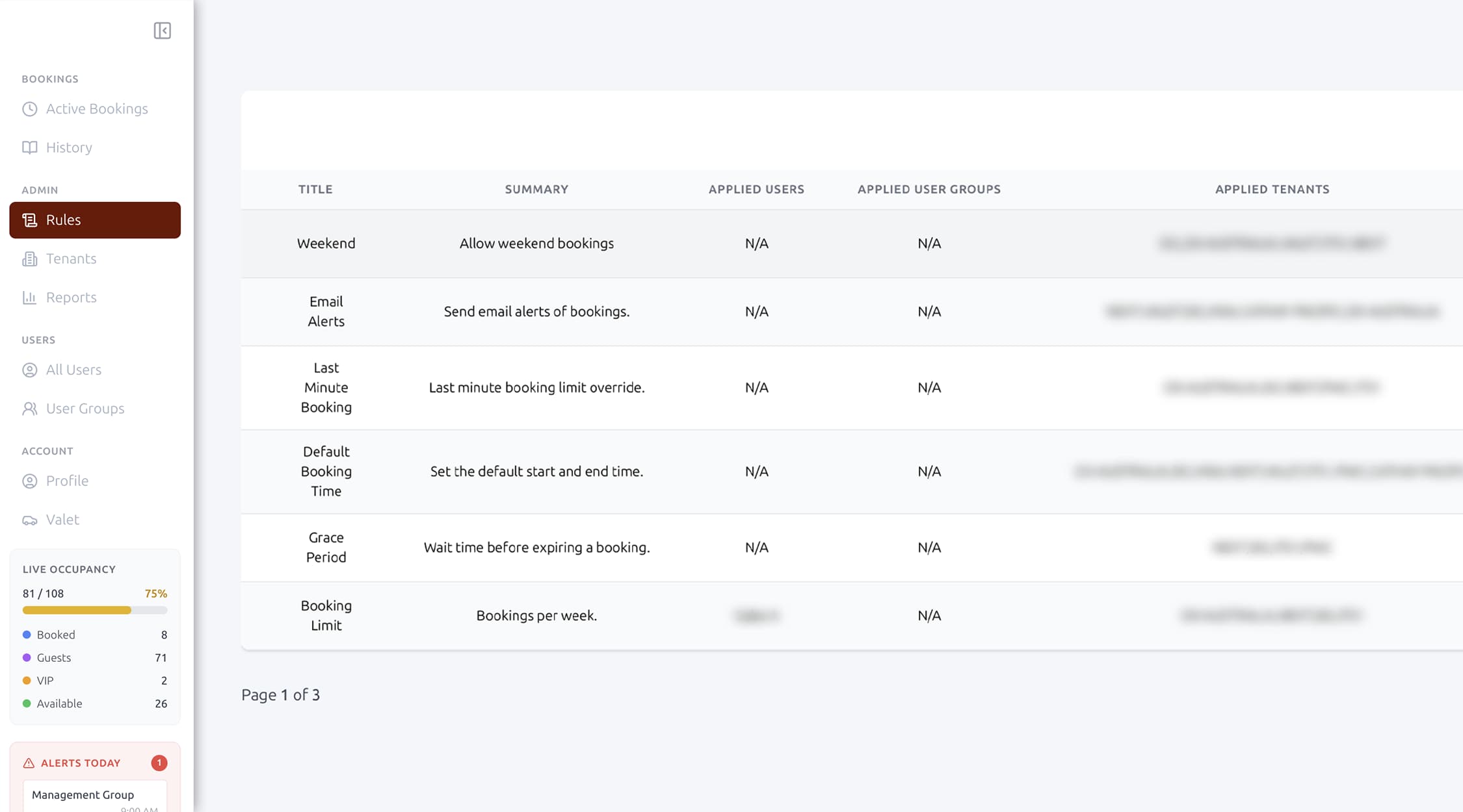 ParkEase rules engine — configurable parking policies including weekend bookings, email alerts, grace periods, booking limits, and default booking times per tenant