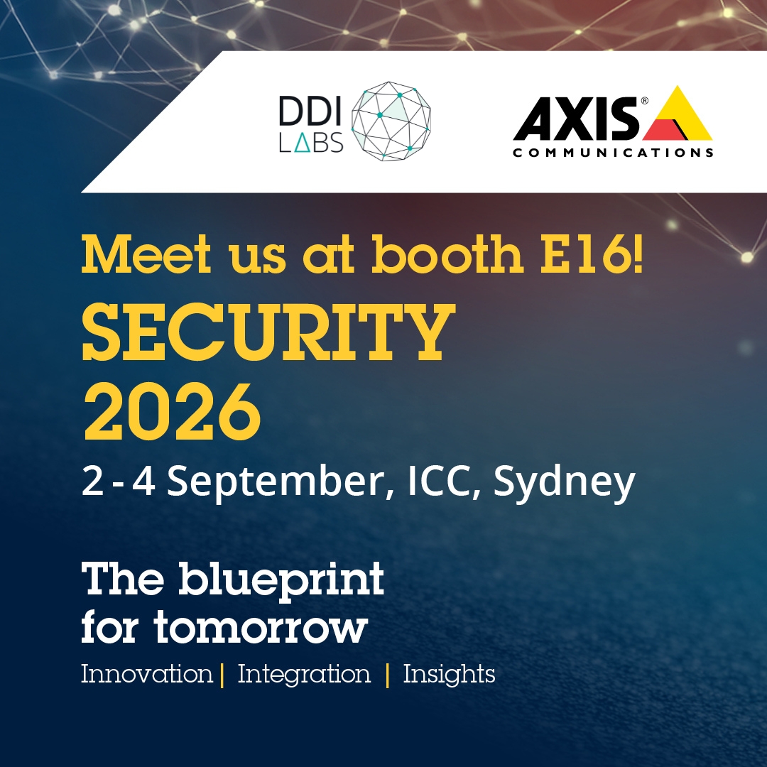 Security 2026 sponsor tile — DDI Labs and Axis Communications, meet us at booth E16, 2 to 4 September, ICC Sydney, the blueprint for tomorrow